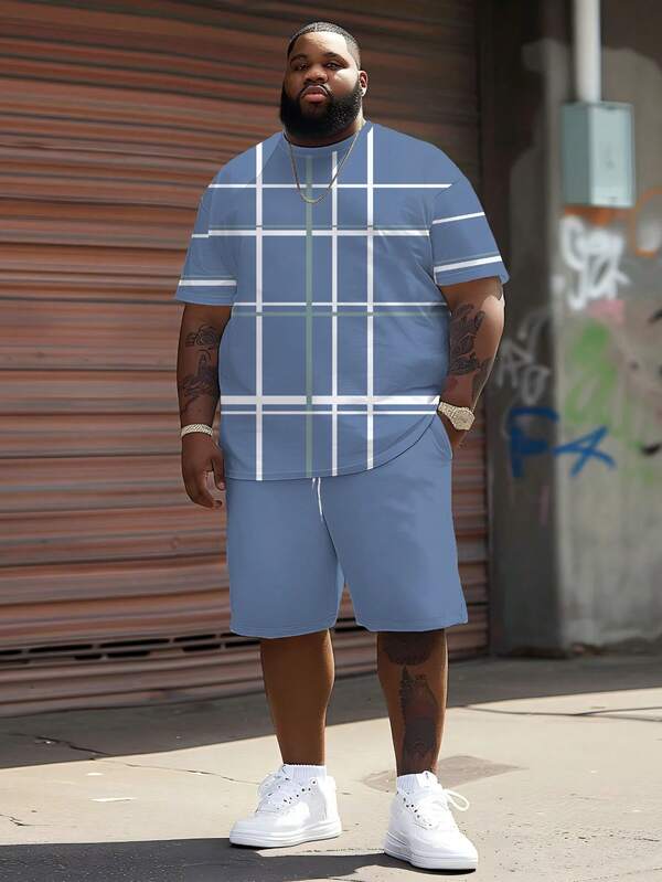 2pcs/Set Plus Size BIG&TALL Light Blue & White Plaid Pattern Top + Matching Shorts, Casual American Street Style Retro Plaid Outfit Summer