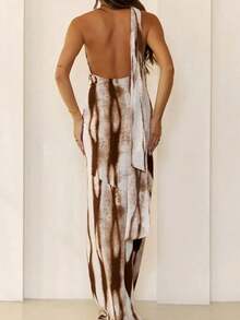 Elegant White Brown Stripe Patchwork Dress Women's One Shoulder High Waist Irregular Hem Gown - 摩卡棕 - 查看 3