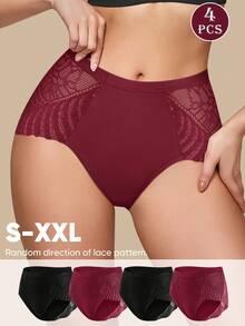 MIOTAN 4 piezas Bragas de mujer de cintura alta con parches de encaje, suaves y transpirables - Multicolor - Ver 1