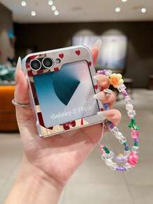 1PC Fashion Matte PC Material Simple Newspaper Rose Love Element Folding Phone Case, Paired With Same Color Bracelet, Can Protect And Prevent Falling: SamsungGalaxy Zflip 3/Zflip 4/Zflip 5/Zflip 6/Zflip 7/OPPO Find N3 Flip/ Razr 50 Ultra/ Razr 60 Ultra/ Rallazar 60/ Razr 50/XiaomiMIX Flip/Galaxy Z Flip7 FE - Red - View 4