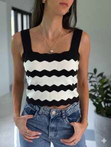 TOP SQUARE WAVES SUMMER KNIT MODAL NEW COLLECTION - 黑白 - 查看 1