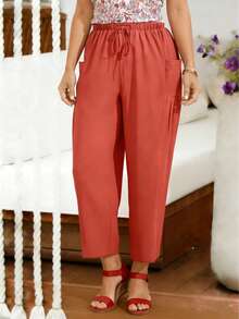 Plus Size Women's Solid Color Pants With Pockets, Fashionable Pleated Design, Drawstring Waist, Loose And Comfortable Wide Leg Pants, Suitable For Outings, Commuting, Casual And Home Wear, Spring/Summer - Coral Orange - View 3