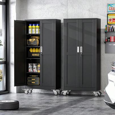 71 Inch High Metal Garage Storage Cabinet With Wheels, File Cabinet With 4 Adjustable Shelves, Suitable For Home Offices, Warehouses, Garages, Gyms