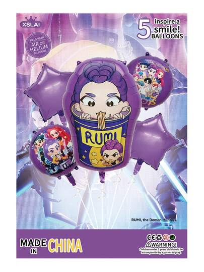 5pcs KPOP Witch Hunting Girl Group Anime Character Theme Balloons Set, Purple Star & Heart Shaped Foil Balloons, 5pcs Combo Pack, Birthday Party Decoration