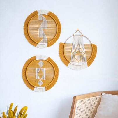 1件套手工编织挂毯，波西米亚风格墙面装饰挂毯，手工编织流苏纤维艺术墙毯，床头板/墙面背景挂饰捕梦网