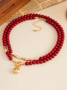 1pc Vintage Red Acrylic Beaded Choker Necklace With Heart OT Clasp - Red - View 3