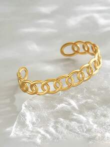 1件时尚不锈钢镂空圆环拼接手镯，优雅可调节18K镀金简约百搭手镯，适合女士日常佩戴或作为礼物 - 金色 - 查看 3