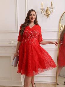 JINLICX 奢华亮片蕾丝红色上衣，适合节日、婚礼、派对、春夏等正式场合穿着 - 紅色 - 查看 4