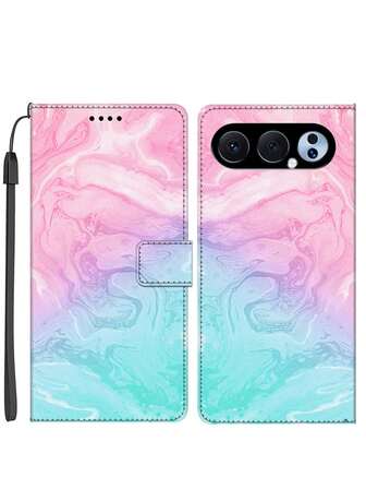 1 pieza Cartera portacartas de cuero PU con estampado de mármol, Funda de teléfono con soporte antichoque y cordón, Regalo