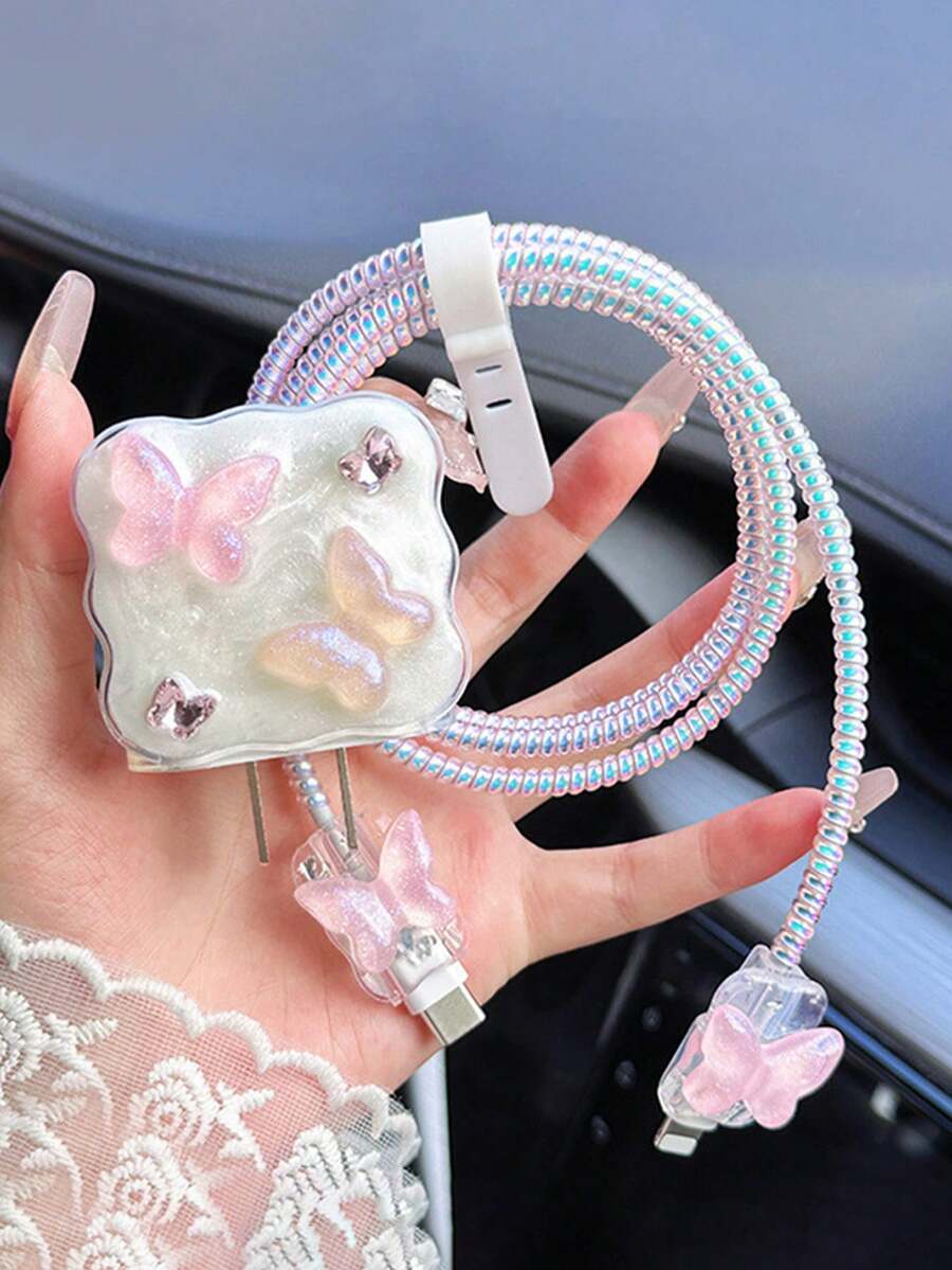 5pcs Transparent Glitter TPU Pink Bow Charger Cable Protector Case, Compatible With Apple 18W/20W Original Charger - Multicolor - View 1