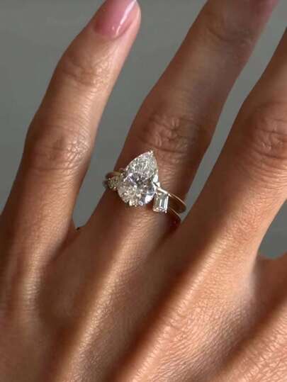 2pcs S925 Sterling Silver Fashion European & American Style Water Drop Cubic Zirconia Stackable Rings Set, Suitable For Engagement, Wedding, Party, Anniversary, Holiday Gift For Women