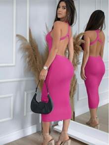 Midi Knit Dress With Crossover Back, Modal Fabric, For Christmas And New Year's. - Rose Red - View 1