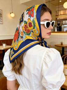 1pc Spring/Summer Beach Accessory, 27.6 Inch Square Silk Scarf, Lemon Print Neckerchief, Suitable For Travel, Beach And Daily Wear - Navy Blue Lemon - View 4