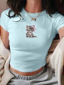 1pc Women'S Cute Cat Print Crop Top T-Shirt - Light Blue Short Sleeve Tee With Pink Bow Detail, Casual Y2K Style, Perfect For Casual Attir Valentine's Day Shirts - Light Blue - 查看 1