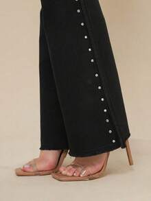 Women's Black Flare Jeans With High-Waisted Butt-Lifting Effect And Rhinestone Detail. - Side Rhinestones - View 5