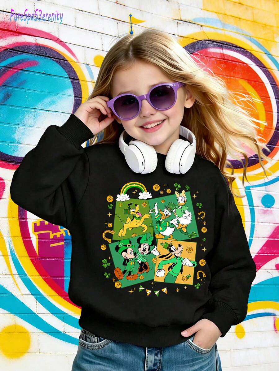 1pc Disney Saint Patrick's Day Mickey Mouse & Friends Tween Girl Lively Sweatshirt - Festive Lucky Motif Character Graphic Skin-Friendly & Daily-Wear For Casual Hangouts & Saint Patrick's Day Events - 黑色 - 查看 1