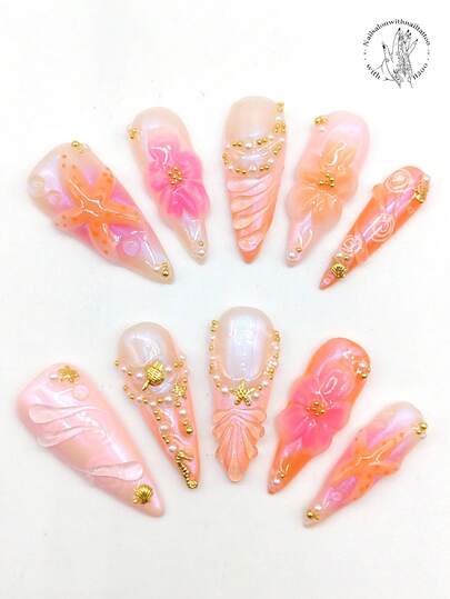 10 Pieces Of Pure Hand-Pressed Wearable Nail, 33mm Long Thin High-Heeled Nail Plate, Pink And White Pink Light Pink Nail Plate, Golden Small Round Ball Line White Small Pearl To Form A Necklace Line Shape, Raised Flowers, Starfish Shape. Cute Nail Plate, Pointed Nail Plate. It Is Suitable For Daily Leisure Vacation, Banquets, Parties, Shows And Other Activities.