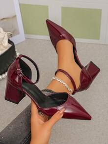 女士纯色西部风格优雅性感搭扣尖头粗跟办公凉鞋 - 酒紅色 - 查看 6