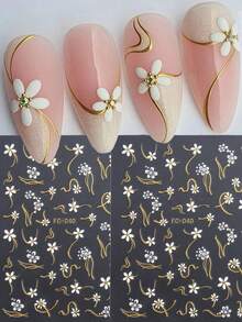 2pcs/Set White Flower & Golden Wavy Line Pattern Cute & Charming Self-Adhesive Nail Art Stickers, DIY Nail Salon Accessories - Multicolor - View 2