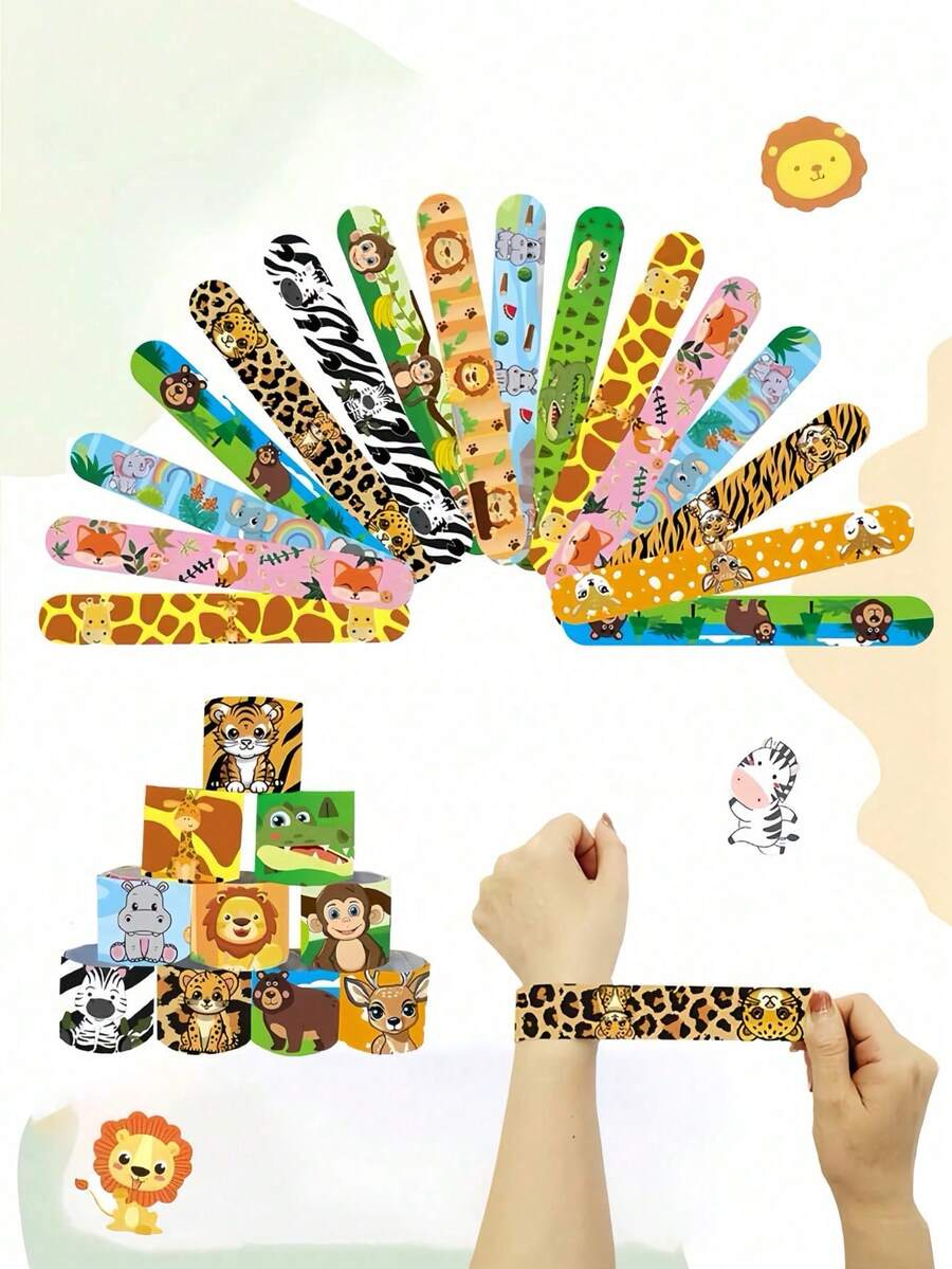 24/12pcs Animal Pat-On Bracelets, Perfect For Kids' Party Gifts, Jungle-Themed Snap Bracelets, Wildlife Leather-Textured Wristbands, Birthday Gifts, - Multicolor - View 1