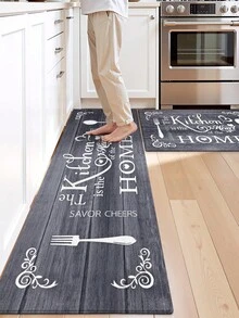 DAJIANG 1 tấm thảm trải sàn nhà bếp kiểu cổ điển, nền vân gỗ màu xám đậm với họa tiết dụng cụ nhà bếp màu trắng và khẩu hiệu tiếng Anh, thảm dài dùng cho nhà bếp, phòng tắm, ngoài trời, trong nhà, hành lang, phòng ngủ, phòng khách, có thể giặt máy. - Nhiều màu - Xem 6