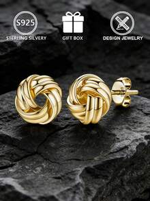 1pc S925 Sterling Silver Braided Stud Earrings, Minimalist 3D Woven Design, Gift Box, Suitable For Women's Daily Commute Outfit, Great Gift For Girlfriend - Gold - View 1