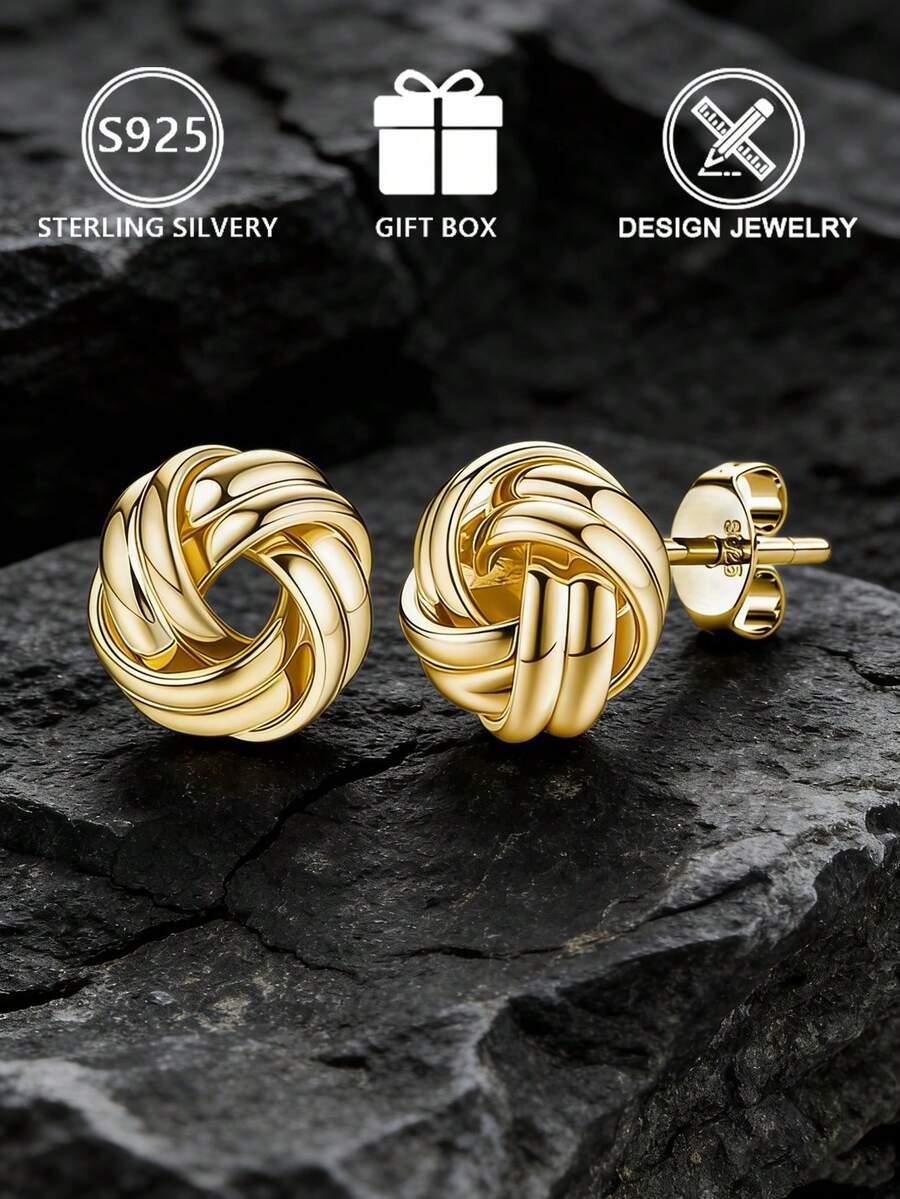 1pc S925 Sterling Silver Braided Stud Earrings, Minimalist 3D Woven Design, Gift Box, Suitable For Women's Daily Commute Outfit, Great Gift For Girlfriend - Gold - View 1