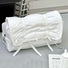1 Piece Women's Cloud White With Ruched Ruffle Detail & Delicate Bow Accents Soft Puffy Nylon Pencil Pouch, Romantic & Feminine Style Multi-Functional Stationery Organizer With Spacious Zippered Compartment For Storing Pens, Highlighters, Cosmetics & Small Daily Essentials, Ideal For School, Office, Travel & On-The-Go Touch-Ups - 彩色 - 查看 11