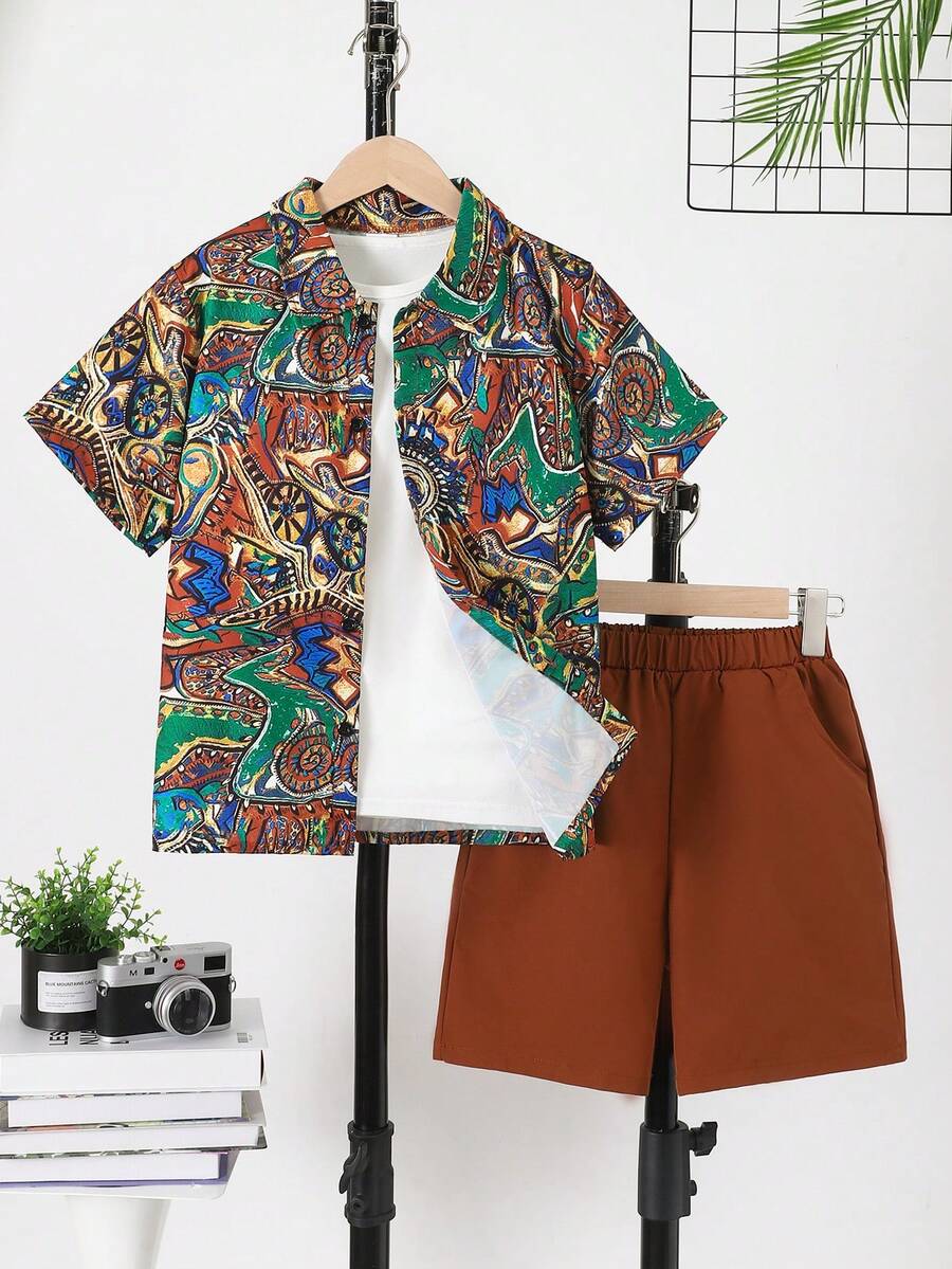 Purechapter 2pcs/Set Tween Boy Summer All-Over Print Shirt & Elastic Waist Pocket Shorts - Multicolor - View 1