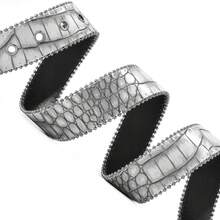 1pc PU Crocodile Texture Printed, Silver Metal Buckle Rhinestone Embellished, Gray Printed Rhinestone Fashionable Versatile Belt - Multicolor - View 10