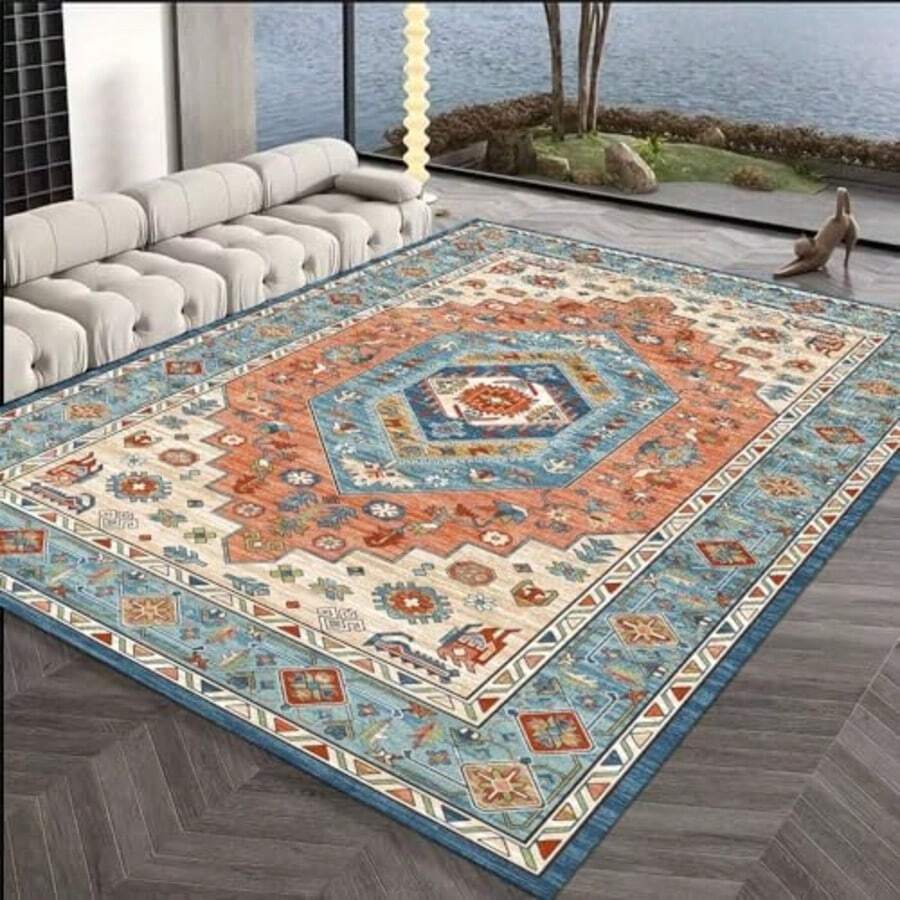 1pc Faux Wool Blend (1000g/㎡) Thick Non-Slip Dotted Bottom Bohemian Style Area Rug, Nordic Retro Boho Modern Holiday Carpet, Moroccan Machine Washable Patio Porch Picnic Outdoor Decor, Indoor Doormat, Non-Slip Short Pile Easy Maintenance