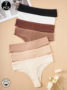 7pcs Women's Sexy Cotton Ribbed Thong Panties, Seamless & Comfortable Underwear - Multicolor - View 4