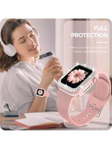 Ốp bảo vệ 2 lớp đính đá pha lê sáng bóng, 1 khung đồng hồ PC cứng rỗng, phù hợp với 40/41/42/44/45/46/49mm, phù hợp với Series Ultra/SE/11/10/9/8/7/6/5/4, phụ kiện ốp đồng hồ thông minh, màu hồng + bạc. - Bột rỗng + bạc - Xem 4