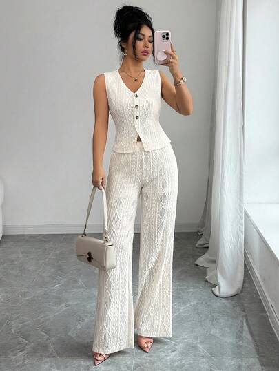 Women's Apricot New V-Neck Sleeveless Jacquard Top + High Waist Jacquard Hollow Wide Leg Pants Set, Elegant Fashion, Versatile, Bohemian, Suitable For Daily And Office Wear, Spring/Summer
