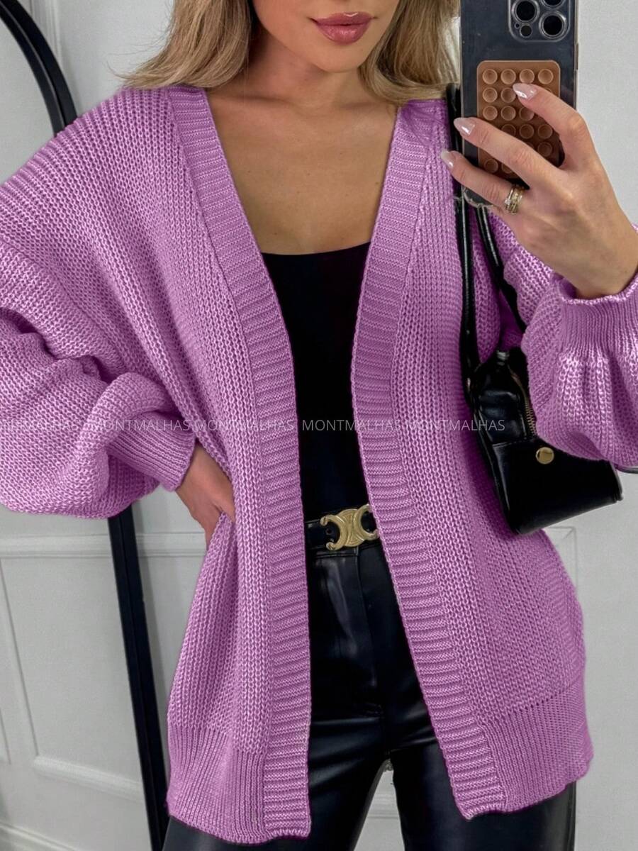 Women's Knitted Cardigan Jacket Puff Sleeve Elegant Casual Lilac - 紫丁香 - 查看 1