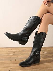 新款尖头粗跟喇叭腿女靴，复古过膝高跟西部牛仔骑马靴 - 黑色 - 查看 1