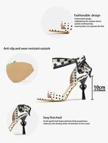 Women's High Heels, Suitable For Parties, Outdoor, Travel, Stage Shows, Black Heart-Shaped Stiletto Heel, Square Toe, Backless Mule, Strap , Polka Dot Scarf Leg Tie, Sexy & Fashionable, High-Quality Polka Dot Mirror Material, Comfortable & Elegant, Versatile White High Heel Sandals - White - View 9