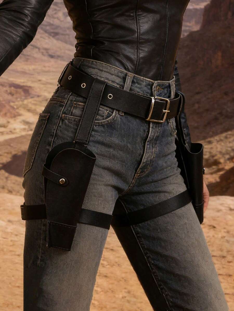 一套蒸汽朋克风格腰带，带双枪套，西部牛仔枪套套装，适用于狂欢节服装和牛仔角色扮演，情人节适用 - 彩色 - 查看 1