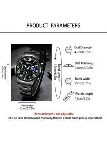 4-Piece Men's Quartz Watch Set, Minimalist Business Casual Style (Includes Black Metal Roman Numeral Quartz Watch, Black Leather Geometric Wallet, Black Metal Key Chain, And Black Metal Ballpoint Pen) - Black - View 3