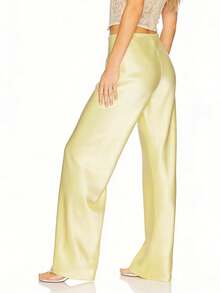 Women's Satin Silk Wide Leg Pants Low Waist Baggy Pants Lounge Bottoms Streetwear - 黃色 - 查看 7