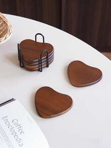 1 Set/6pcs Wooden Coasters With Holder Rack, Heat Insulation Non-Slip Cup Mat, Simple Wooden Coasters, Black & Gold Cup Coaster Holder, Suitable For Modern Home Decor, Coffee Table Top Protection, Rustic Style Outdoor Coasters For Any Cups, Gift - Multicolor - View 4