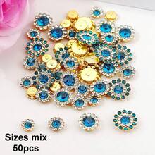 50 piezas/paquete, 8mm, 10mm, 12mm, 14mm, modelos mixtos, brillantes cristales de rhinestones con diseño de flor, base dorada, cristales de rhinestones brillantes adhesivos planos DIY para coser - multicolor - Ver 35
