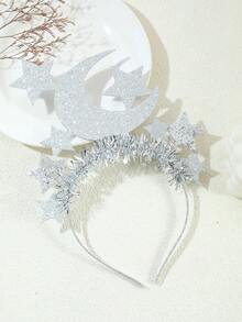 1pc Silver Glitter Star & Moon Headband, Festive Glitter Star & Moon Design, Popular Party & Photo Prop Item - Silver - View 4