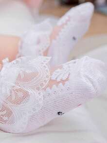 1 Pair Cotton Baby/Toddler Lace Trim Breathable Crystal Silk Short Socks, Summer - White - View 4