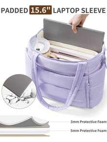 Puffer Tote Bag For Women, Lightweight Puffy Work Handbag Teacher Nurse Quilted Shoulder Bag For School Travel Gym - Màu tím - Xem 7