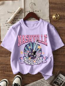 1pc Girls Casual Nashville Print Round Neck Short Sleeve T-Shirt, Summer Student Youth Apparel Musical Style Inspiring Imagination And Self-Expression - Mauve Purple - View 3