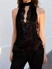 Womens Lace Trim Halter Scarf Tops Summer Going Out Tops Solid Color V Neck Backless Satin Tank Vest - Black - View 4
