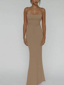 女士纯色开衩修身露背性感优雅连衣裙，适合春夏夜晚外出、派对、夜店、度假、海滩休闲穿着。 - 卡其色 - 查看 3