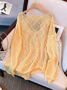 女士V领镂空菱形设计宽松针织罩衫，轻盈透气，适合海滩度假、春夏假期穿着 - 黃色 - 查看 2