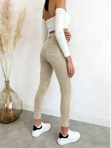 Quần jean nữ túi cài nút Boyfriend, quần denim Momfit thường ngày - Màu be - Xem 3